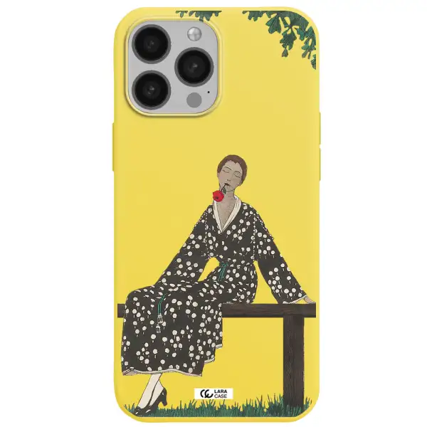 a woman sitting on a bench Apple iPhone 13 Pro Silicone canary yellow Case