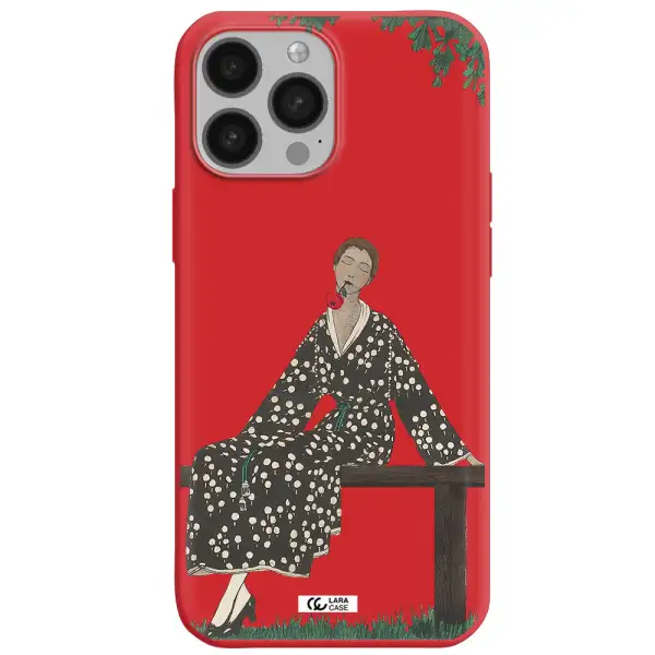 a woman sitting on a bench Apple iPhone 13 Pro Silicone Imperial Red Case