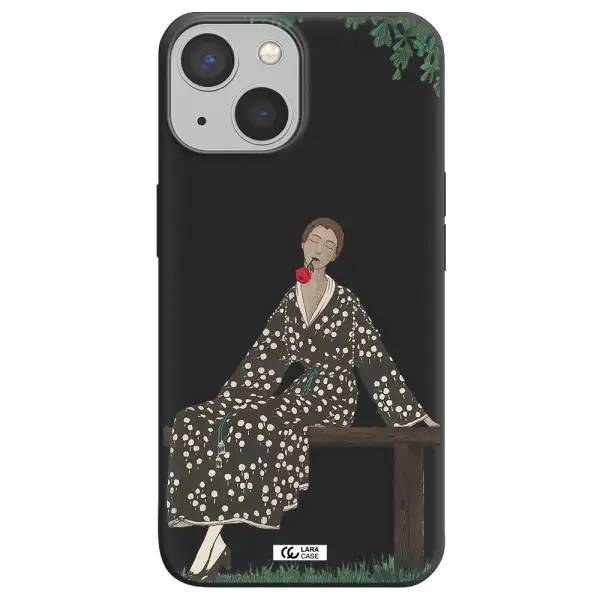 a woman sitting on a bench Apple iPhone 13 Silicone black Case