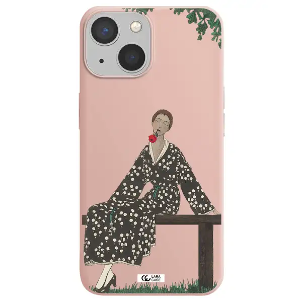 a woman sitting on a bench Apple iPhone 13 Silicone pastel pink Case