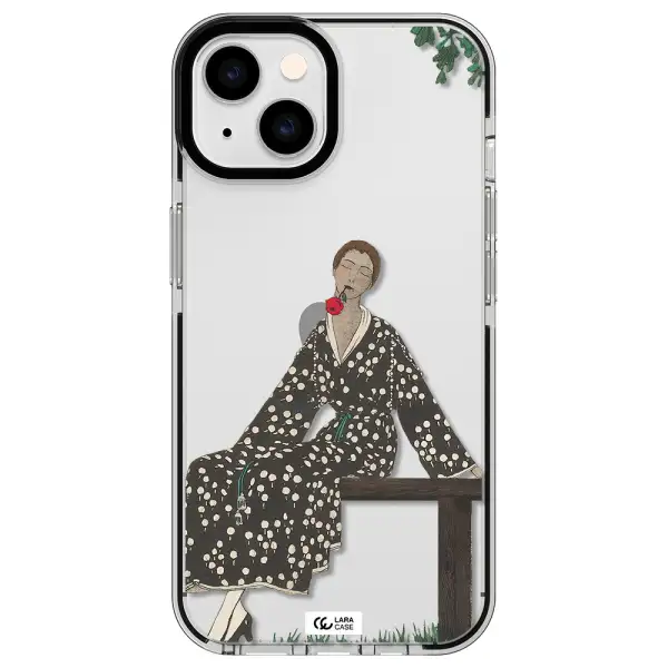 a woman sitting on a bench Apple iPhone 14 impact black border Case