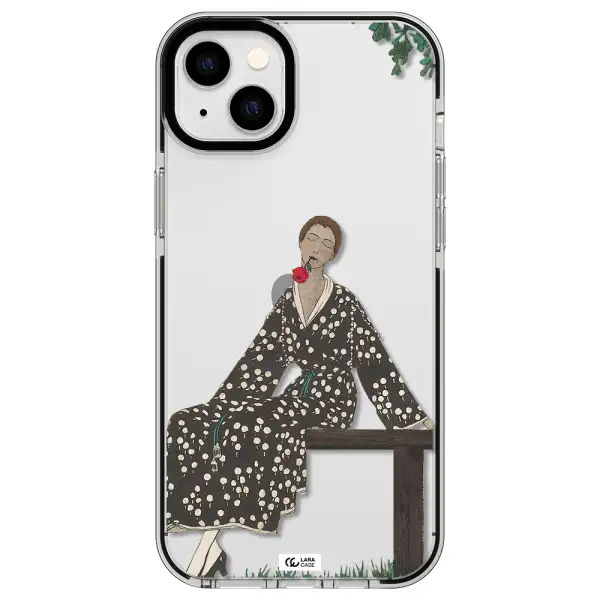 a woman sitting on a bench Apple iPhone 14 plus impact black border Case