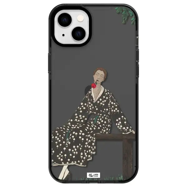 a woman sitting on a bench Apple iPhone 14 plus impact Smoke Black Case