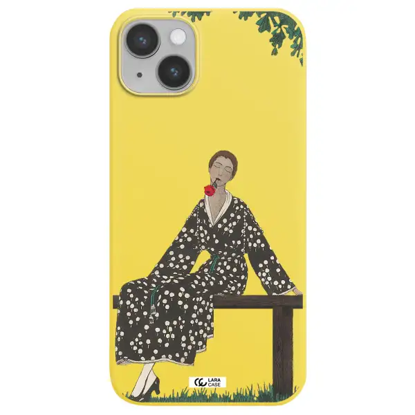 a woman sitting on a bench Apple iPhone 14 plus Silicone canary yellow Case