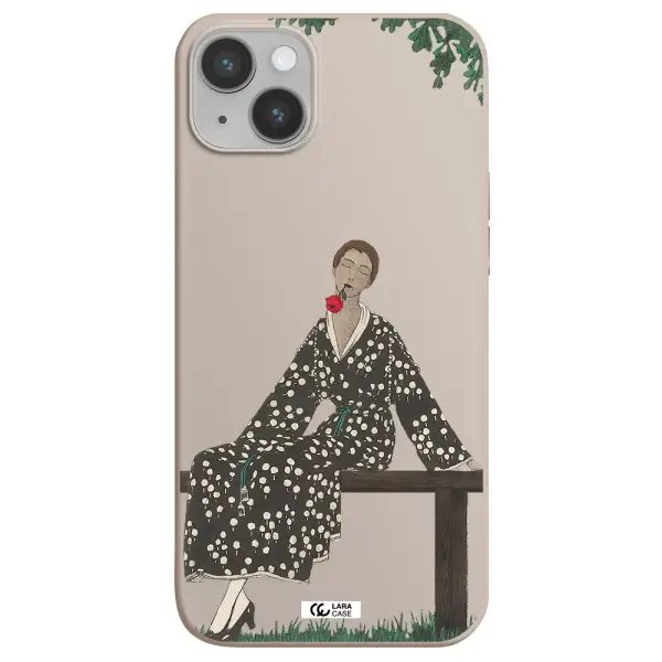 a woman sitting on a bench Apple iPhone 14 plus Silicone Stone Case