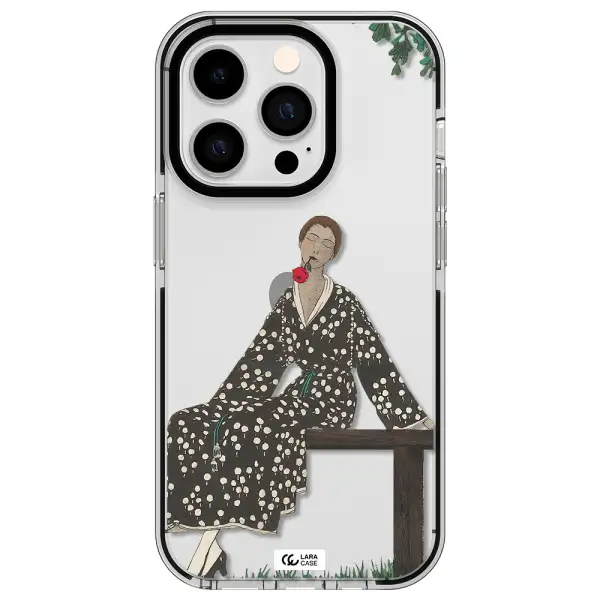 a woman sitting on a bench Apple iPhone 14 pro impact black border Case