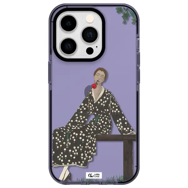 a woman sitting on a bench Apple iPhone 14 pro impact Lilac Case