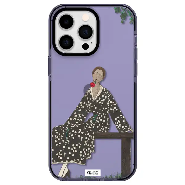 a woman sitting on a bench Apple iPhone 14 pro max impact Lilac Case