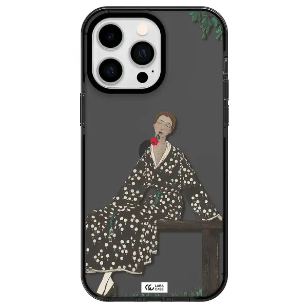 a woman sitting on a bench Apple iPhone 14 pro max impact Smoke Black Case