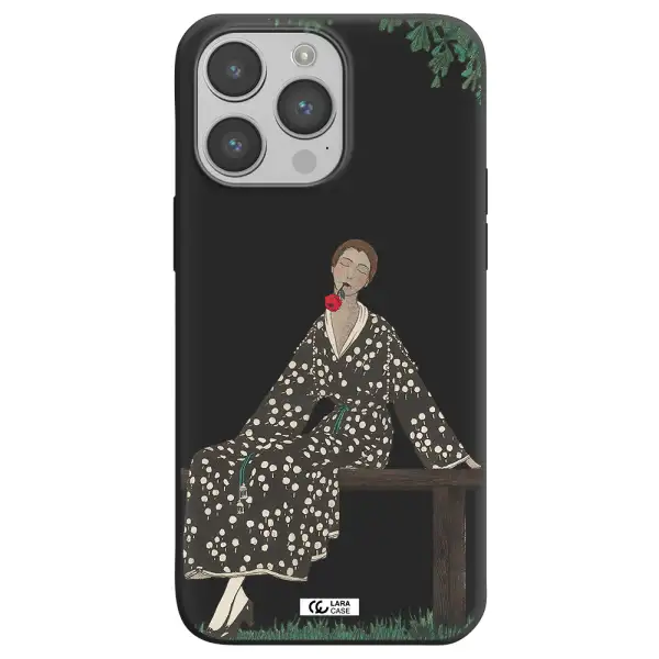 a woman sitting on a bench Apple iPhone 14 pro Silicone black Case