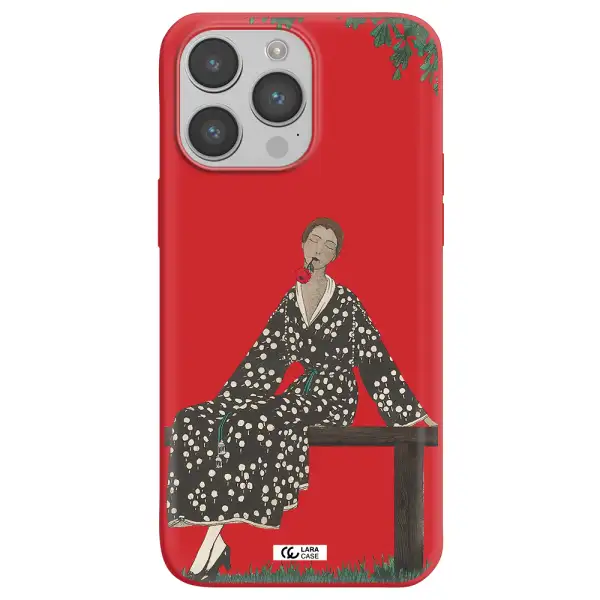 a woman sitting on a bench Apple iPhone 14 pro Silicone Imperial Red Case