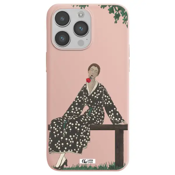 a woman sitting on a bench Apple iPhone 14 pro Silicone pastel pink Case