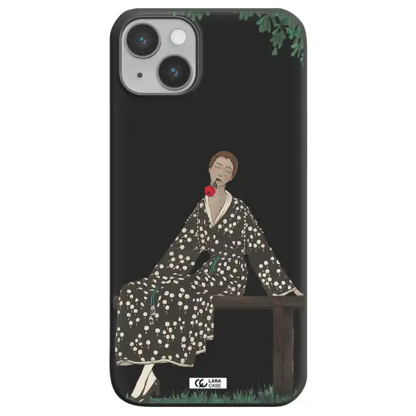 a woman sitting on a bench Apple iPhone 14 Silicone black Case
