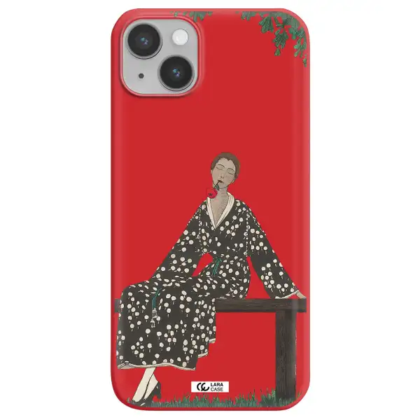 a woman sitting on a bench Apple iPhone 14 Silicone Imperial Red Case