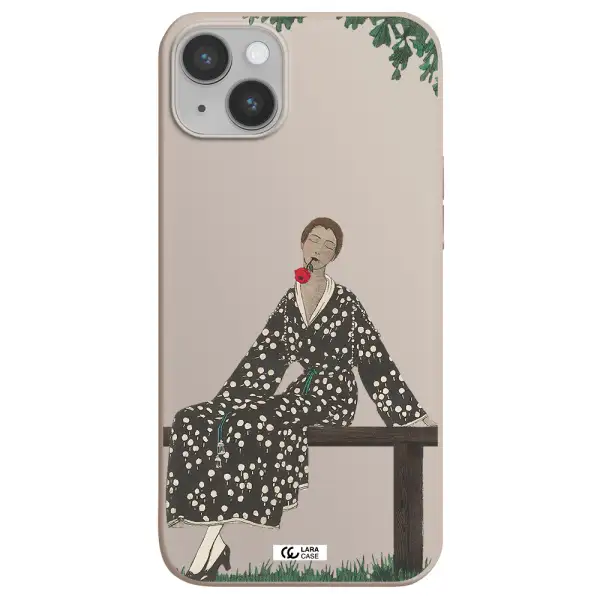 a woman sitting on a bench Apple iPhone 14 Silicone Stone Case