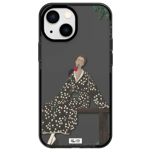 a woman sitting on a bench Apple iPhone 15 impact Smoke Black Case