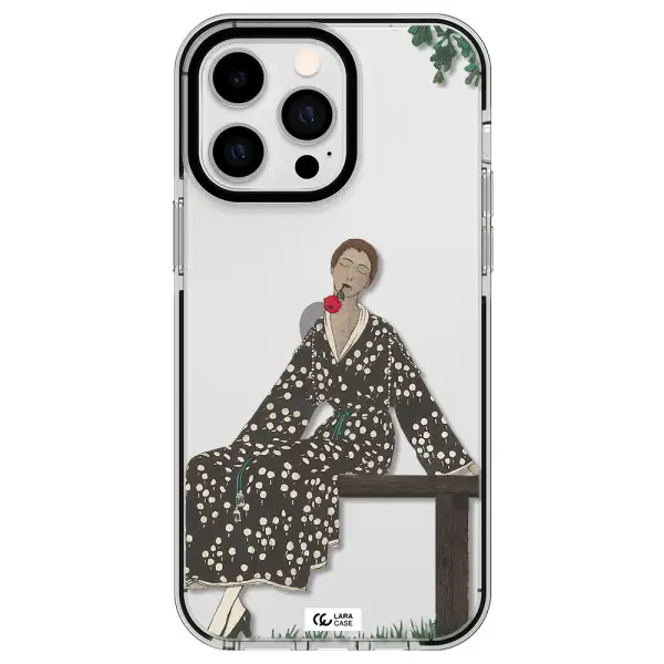 a woman sitting on a bench Apple iPhone 15 Pro impact black border Case