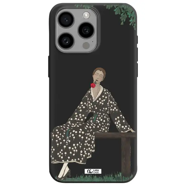 a woman sitting on a bench Apple Iphone 15 Pro max Silicone black Case
