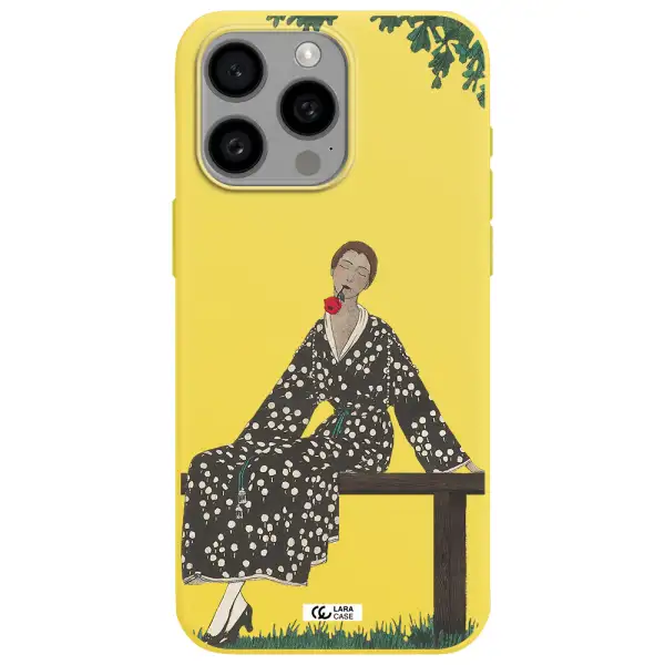 a woman sitting on a bench Apple Iphone 15 Pro max Silicone canary yellow Case