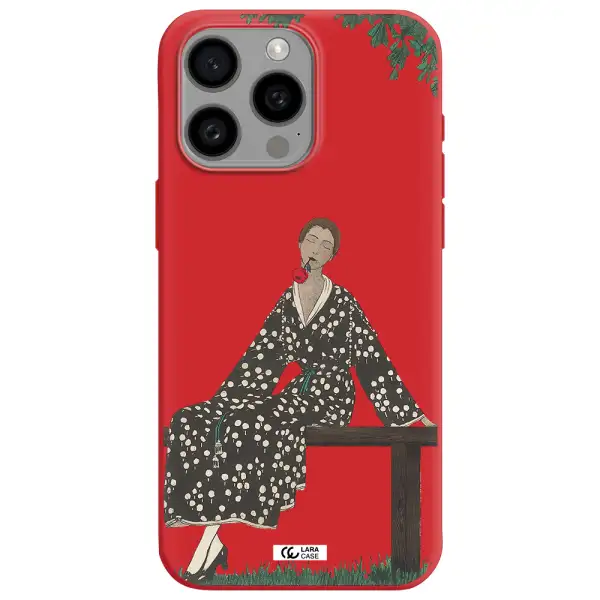 A Woman Sitting On A Bench Apple Iphone 15 Pro Max Silicone Imperial Red Case