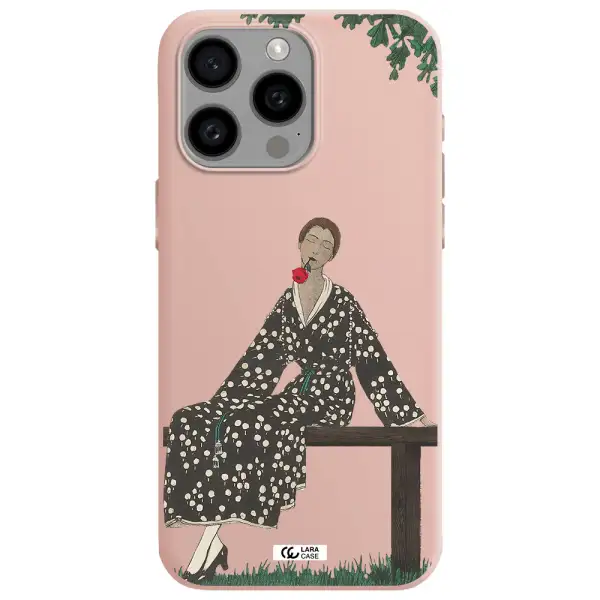 a woman sitting on a bench Apple Iphone 15 Pro max Silicone pastel pink Case