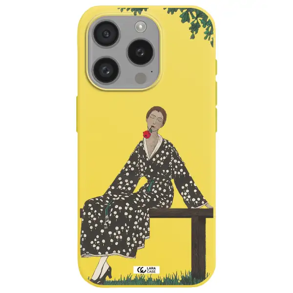 A Woman Sitting On A Bench Apple Iphone 15 Pro Silicone Canary Yellow Case