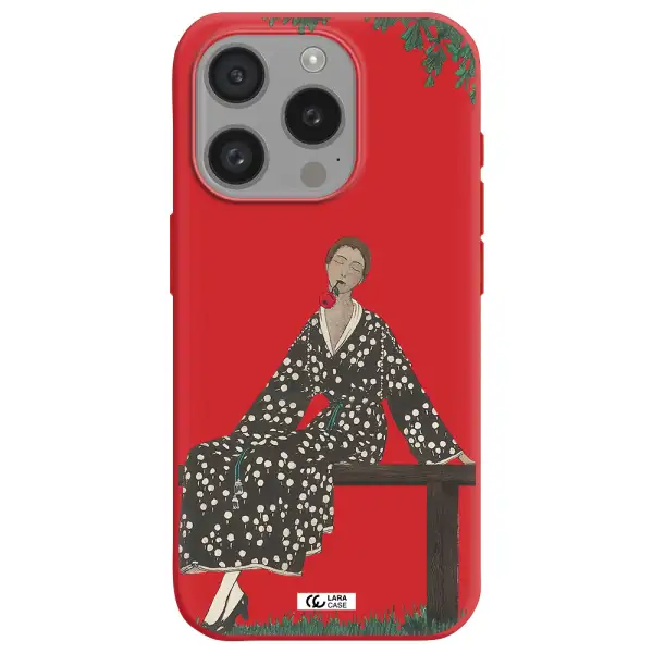A Woman Sitting On A Bench Apple Iphone 15 Pro Silicone Imperial Red Case