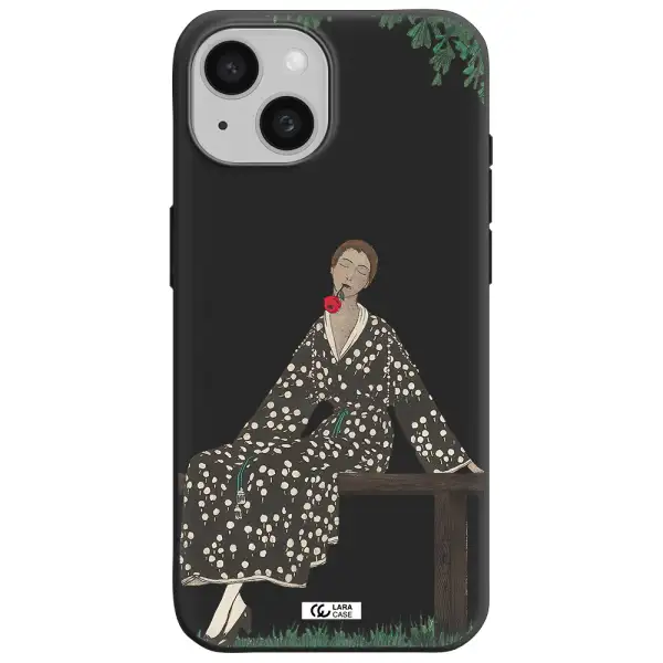 a woman sitting on a bench Apple iPhone 15 Silicone black Case