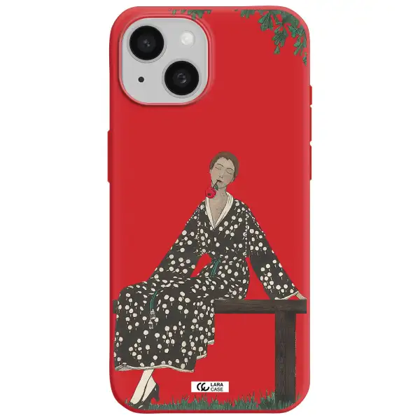 A Woman Sitting On A Bench Apple Iphone 15 Silicone Imperial Red Case