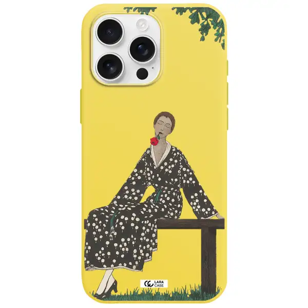 A Woman Sitting On A Bench Apple Iphone 16 Pro Max Silicone Canary Yellow Case
