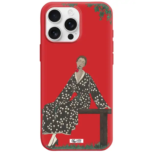 A Woman Sitting On A Bench Apple Iphone 16 Pro Max Silicone Imperial Red Case