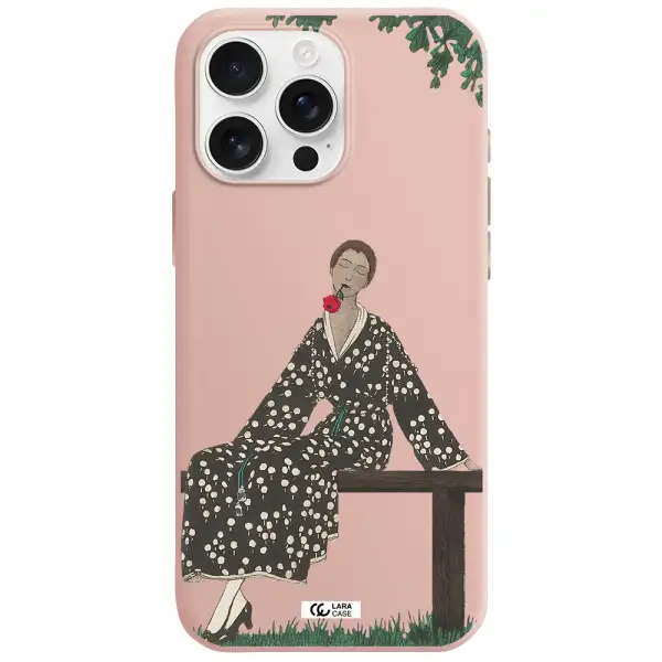 A Woman Sitting On A Bench Apple Iphone 16 Pro Max Silicone Pastel Pink Case