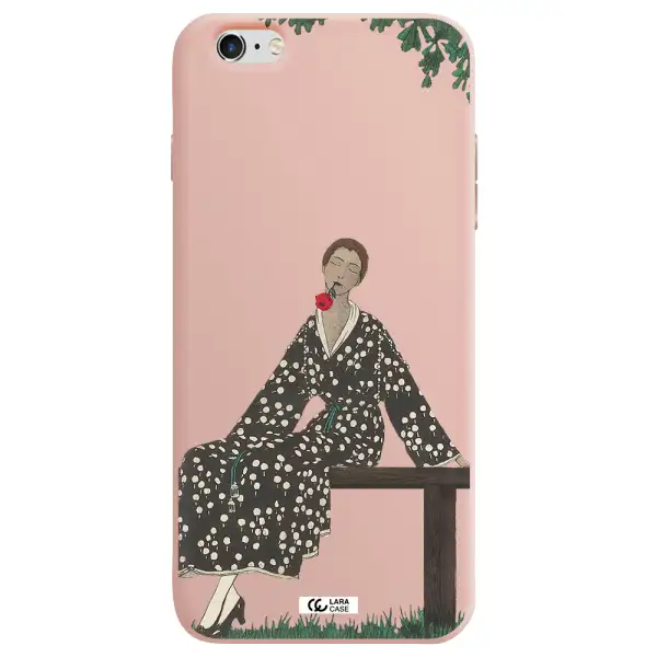 a woman sitting on a bench Apple iPhone 6 plus Silicone pastel pink Case