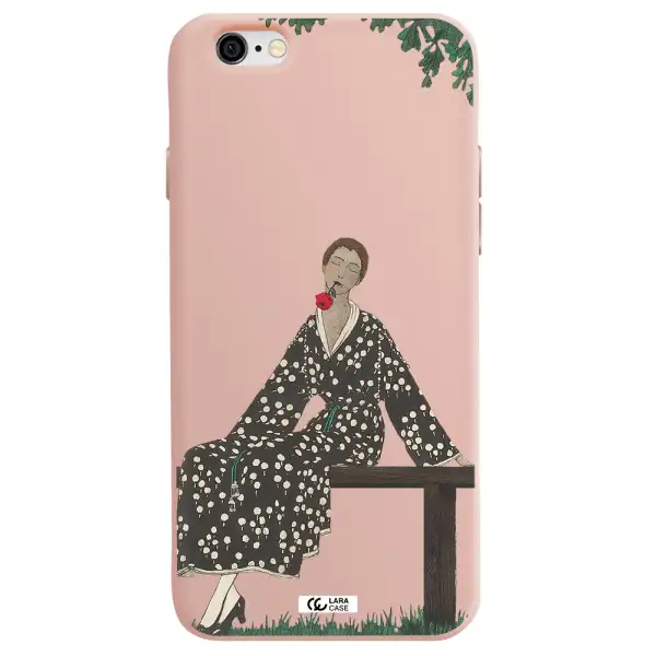 a woman sitting on a bench Apple iPhone 6 Silicone pastel pink Case