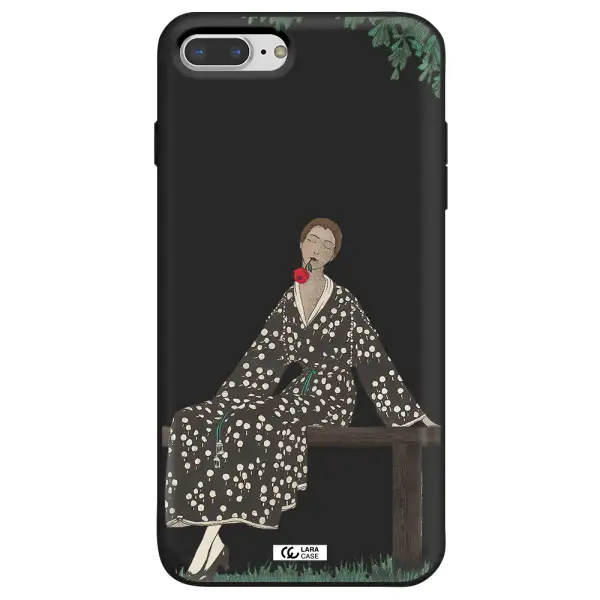 a woman sitting on a bench Apple iPhone 7 plus Silicone black Case