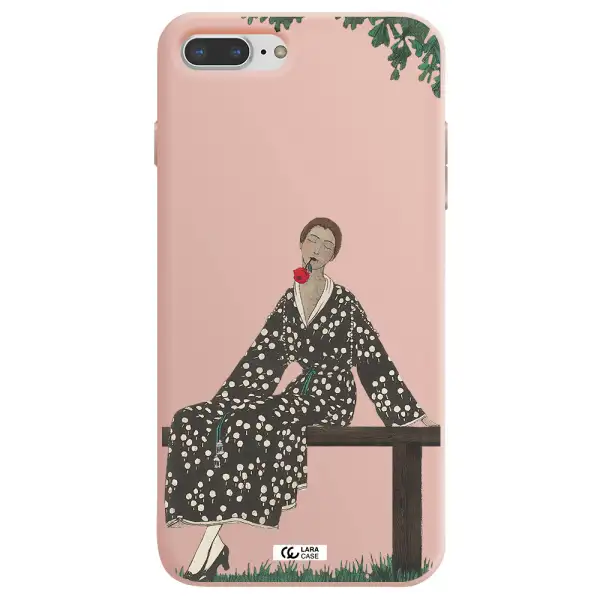 a woman sitting on a bench Apple iPhone 7 plus Silicone pastel pink Case
