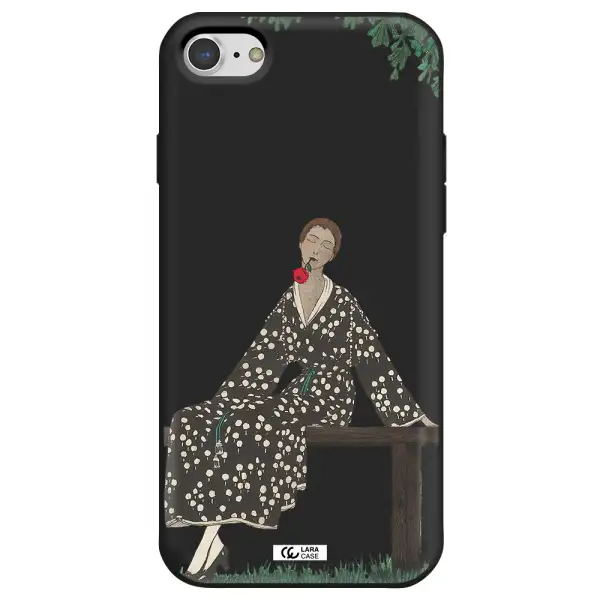 a woman sitting on a bench Apple iPhone 7 Silicone black Case