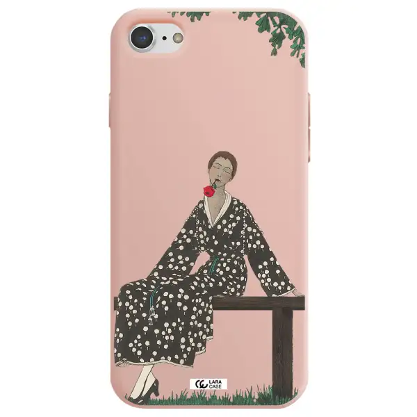 a woman sitting on a bench Apple iPhone 7 Silicone pastel pink Case