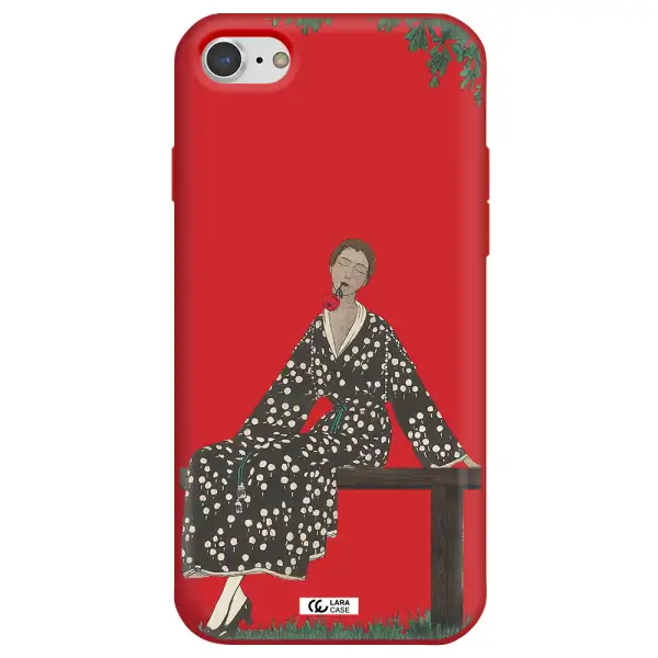 a woman sitting on a bench Apple iPhone 8 Silicone Imperial Red Case