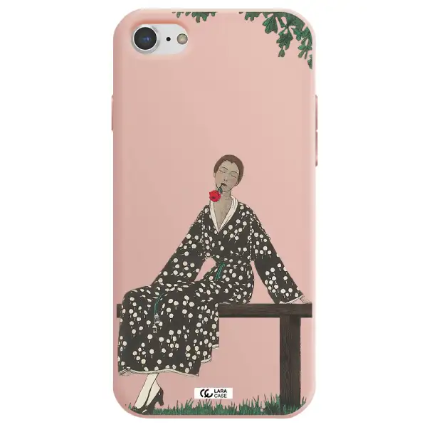 a woman sitting on a bench Apple iPhone 8 Silicone pastel pink Case