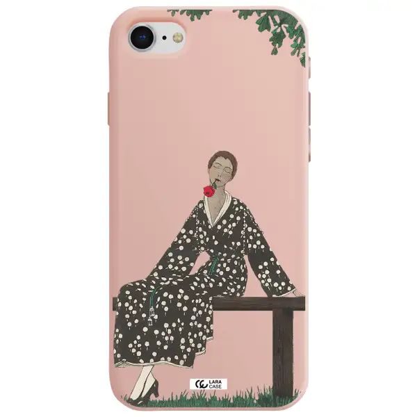 a woman sitting on a bench Apple iPhone se 2020 Silicone pastel pink Case