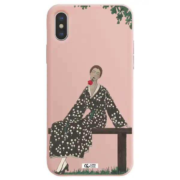 a woman sitting on a bench Apple iPhone X Silicone pastel pink Case