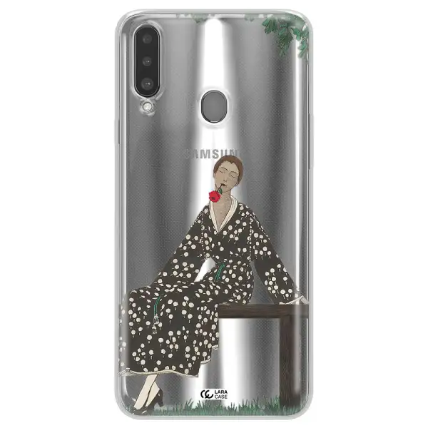 a woman sitting on a bench Samsung A20S Clear TPU Case