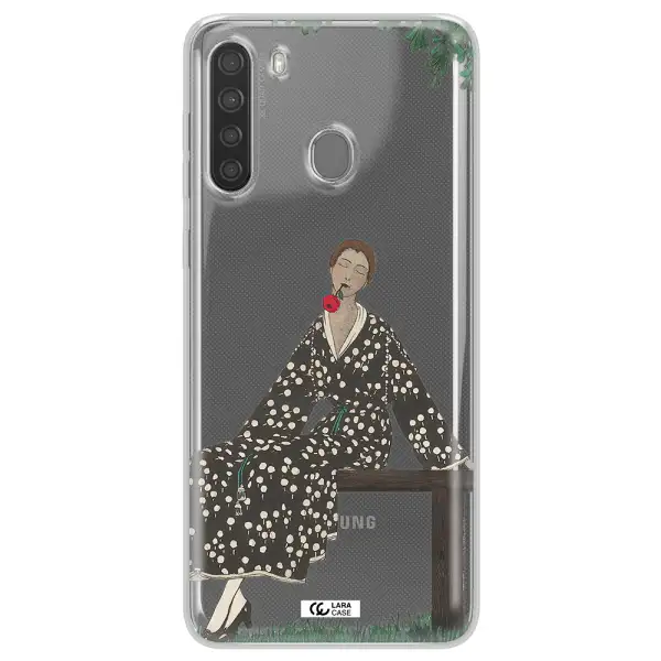 a woman sitting on a bench Samsung A21 Clear TPU Case