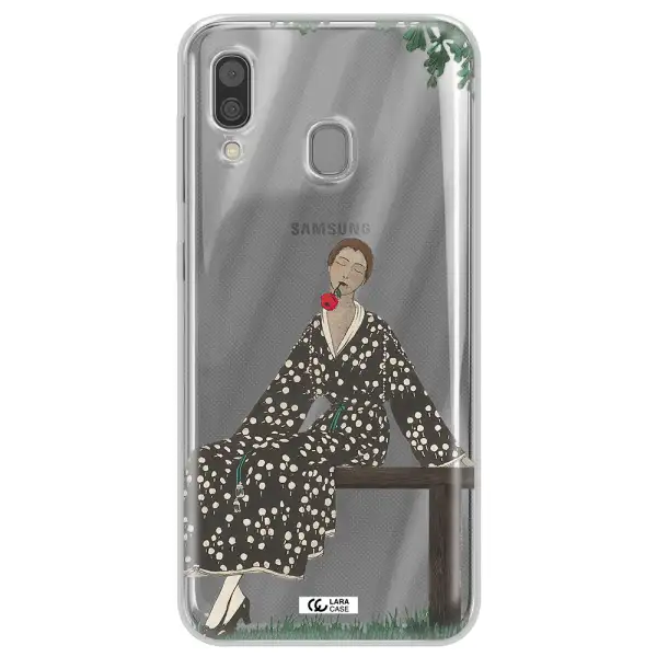a woman sitting on a bench Samsung A30 Clear TPU Case