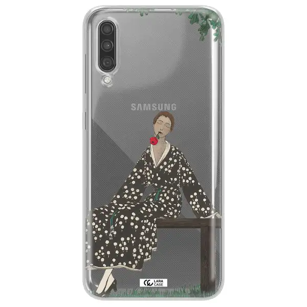 a woman sitting on a bench Samsung A30S Clear TPU Case