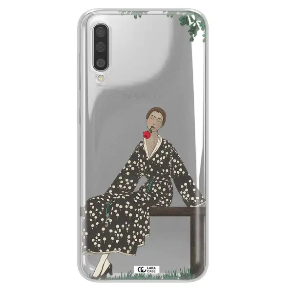a woman sitting on a bench Samsung A50 Clear TPU Case