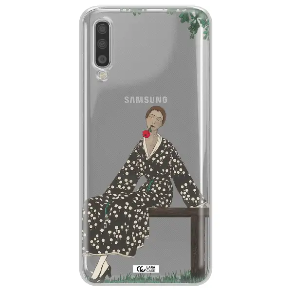 A Woman Sitting On A Bench Samsung A70S Clear Tpu Case