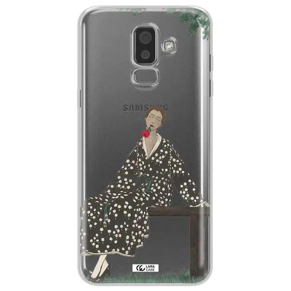 a woman sitting on a bench Samsung J8 Clear TPU Case