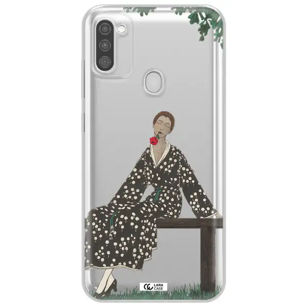 a woman sitting on a bench Samsung M11 Clear TPU Case